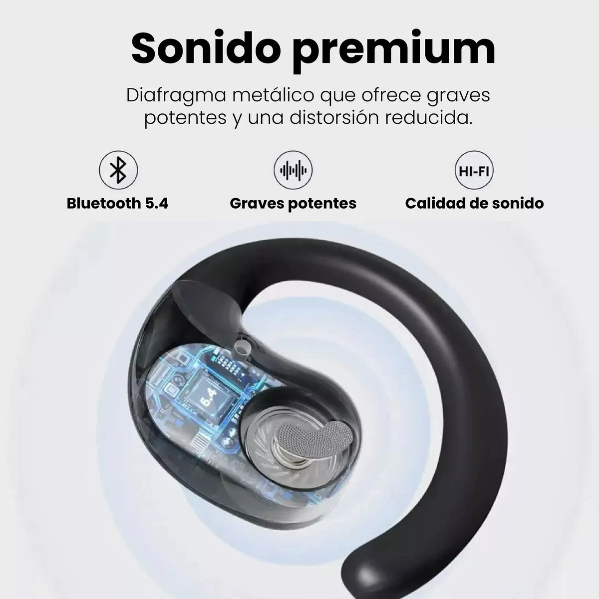 Audífono Traductor Inteligente · Bluetooth 5.4, sonido Hi-Fi y diafragma metálico