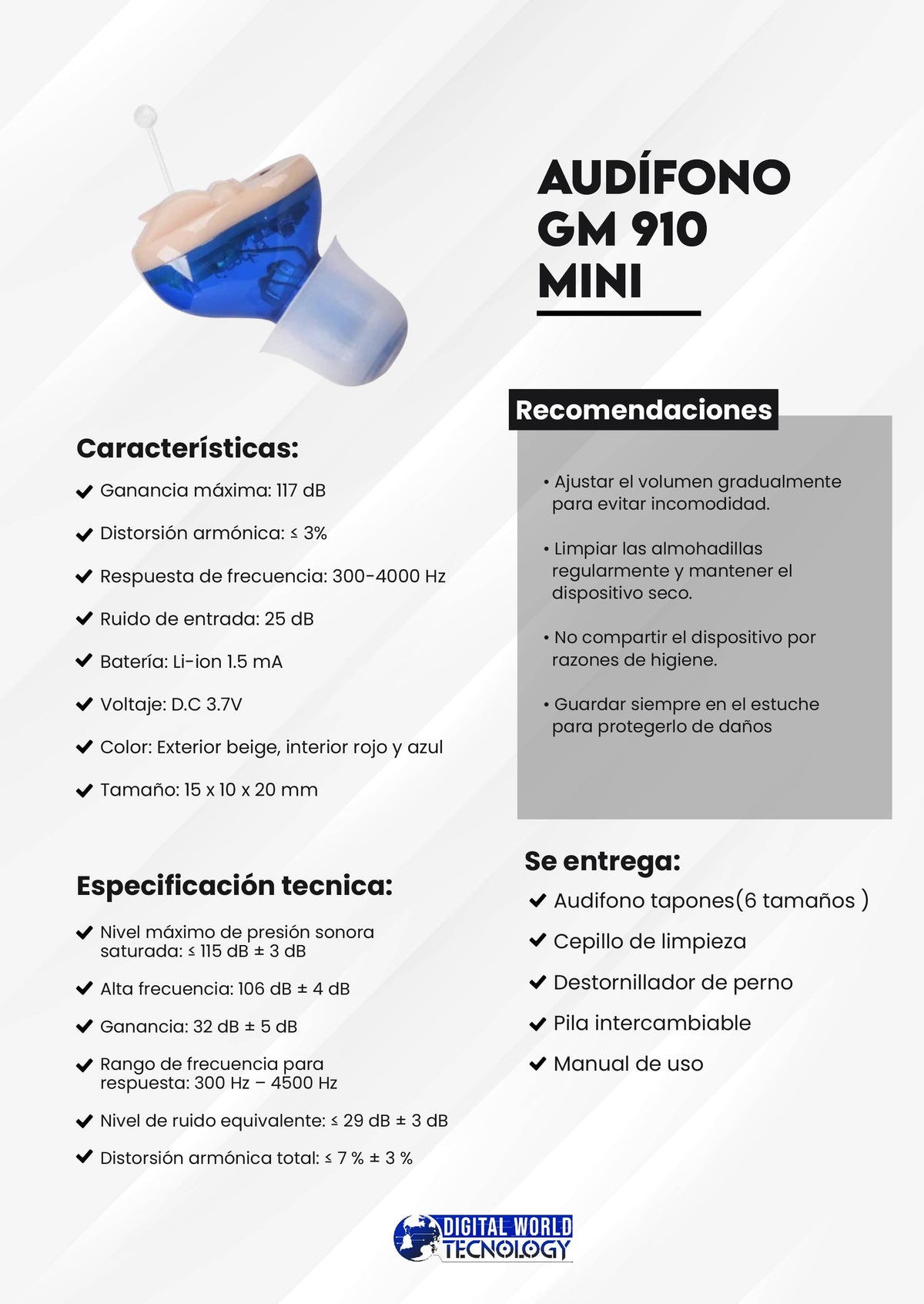 Audífono GM910 Mini WEB · ficha técnica