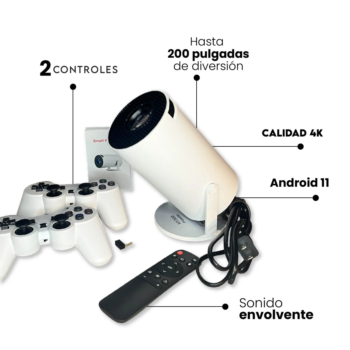 Proyector Gamer Ultra HD · Android 11, calidad 4K, hasta 200 pulgadas, sonido envolvente y dos controles