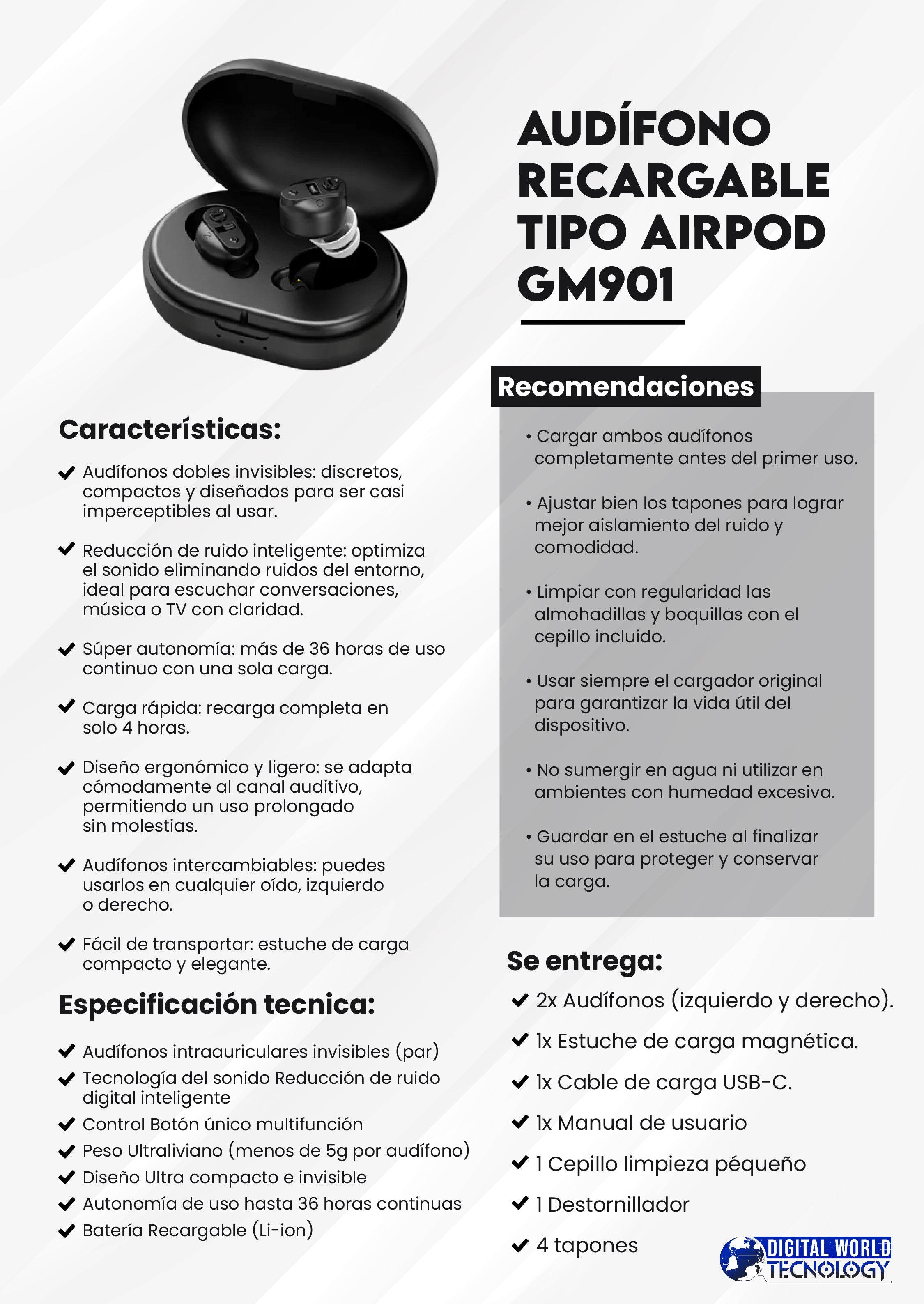 Audífono Recargable tipo Airpod GM901– Digital World Tecnology