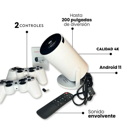 Proyector Gamer Ultra HD · Android 11, calidad 4K, hasta 200 pulgadas, sonido envolvente y dos controles